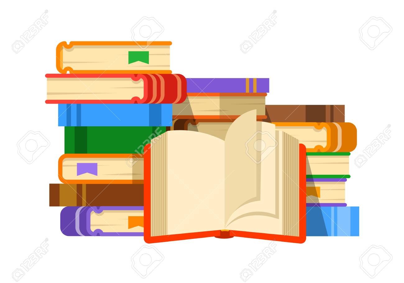 Stack Of Books With Open Book Vector Flat Illustration Concept