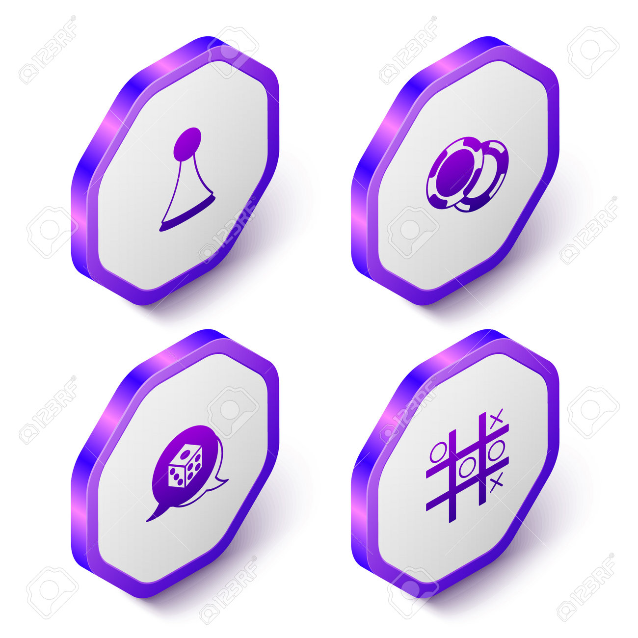 ボードゲーム、カジノチップ、ゲームサイコロ、三目並べアイコン用のアイソメトリックチップを設定します。紫色の六角形ボタン。ベクトルのイラスト素材・ベクター  Image 196115326