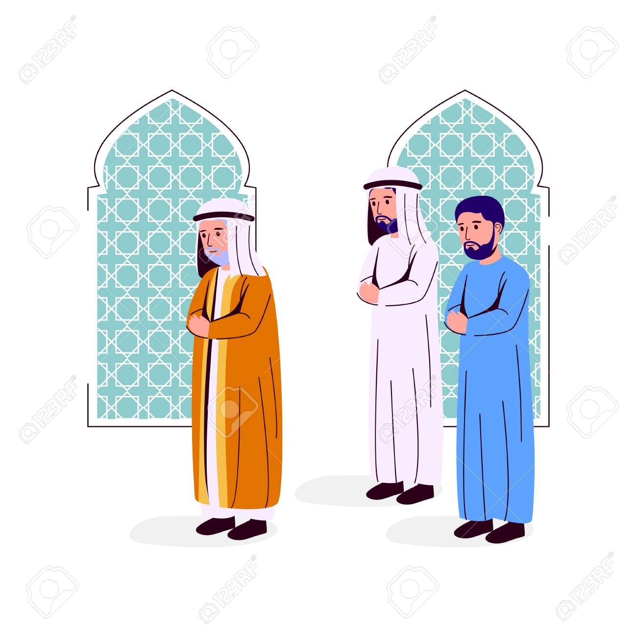 Illustration Arabian Man Praying Together Imam And Makmum Vector