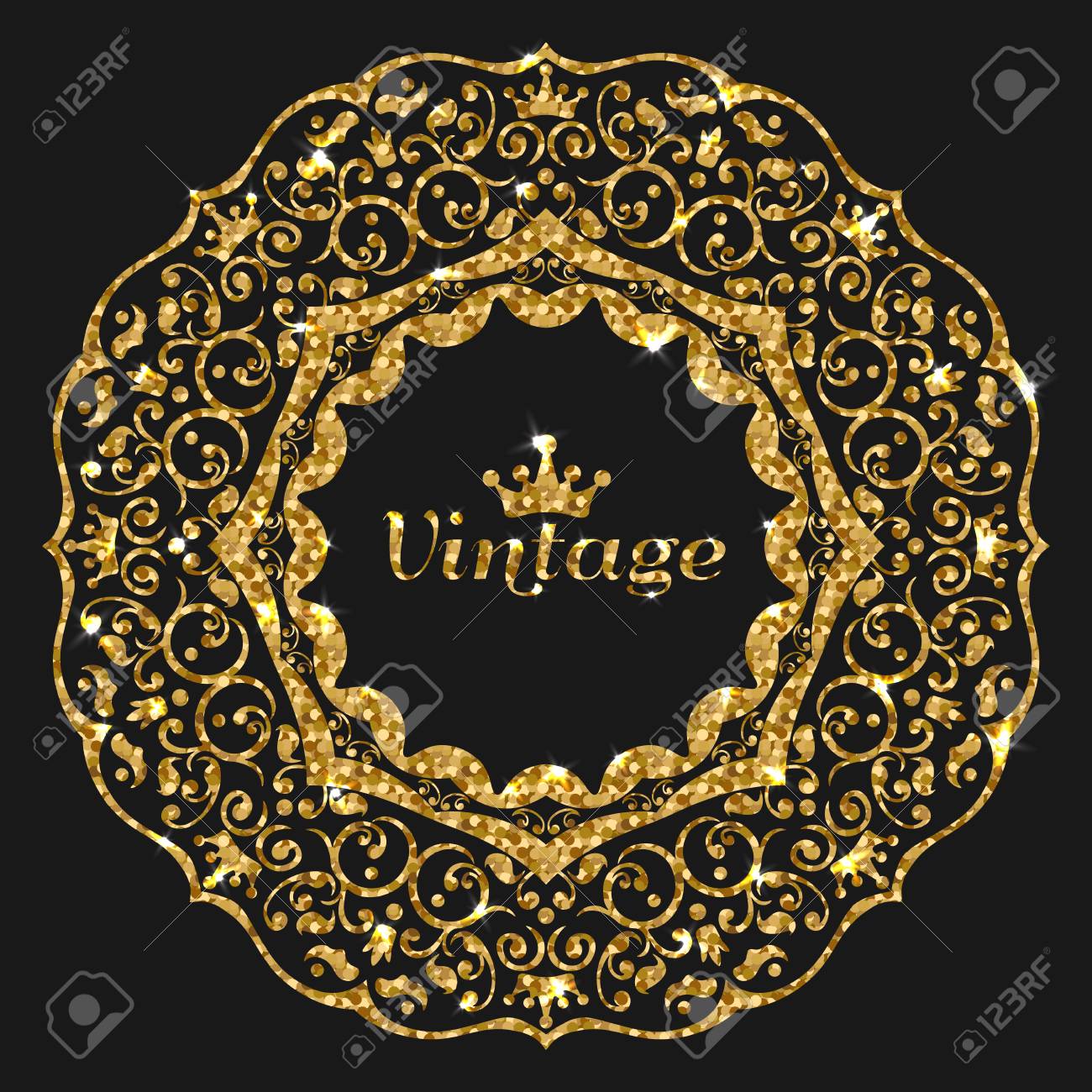 ベクトル ゴーデン キラキラ フレーム ヴィンテージ ゴールド フレームの図 輝きとゴールドのバナーです 輝く王冠の高級フレーム 光沢のある Onnamental デザイン のイラスト素材 ベクタ Image
