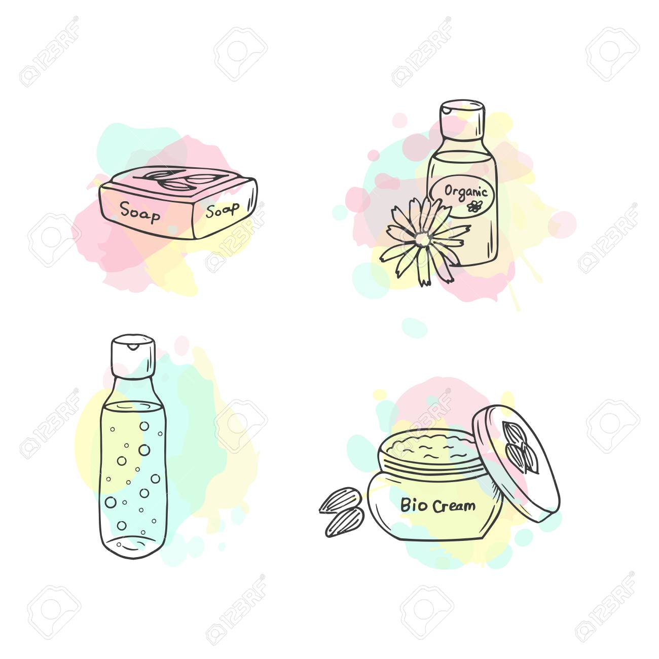 オーガニック化粧品のイラストです ベクトル化粧品 Bottes 落書きのスキンケア アイテム 手描きのセット ハーブ ローション バイオ クリーム 女性は アイコンを確認します のイラスト素材 ベクタ Image