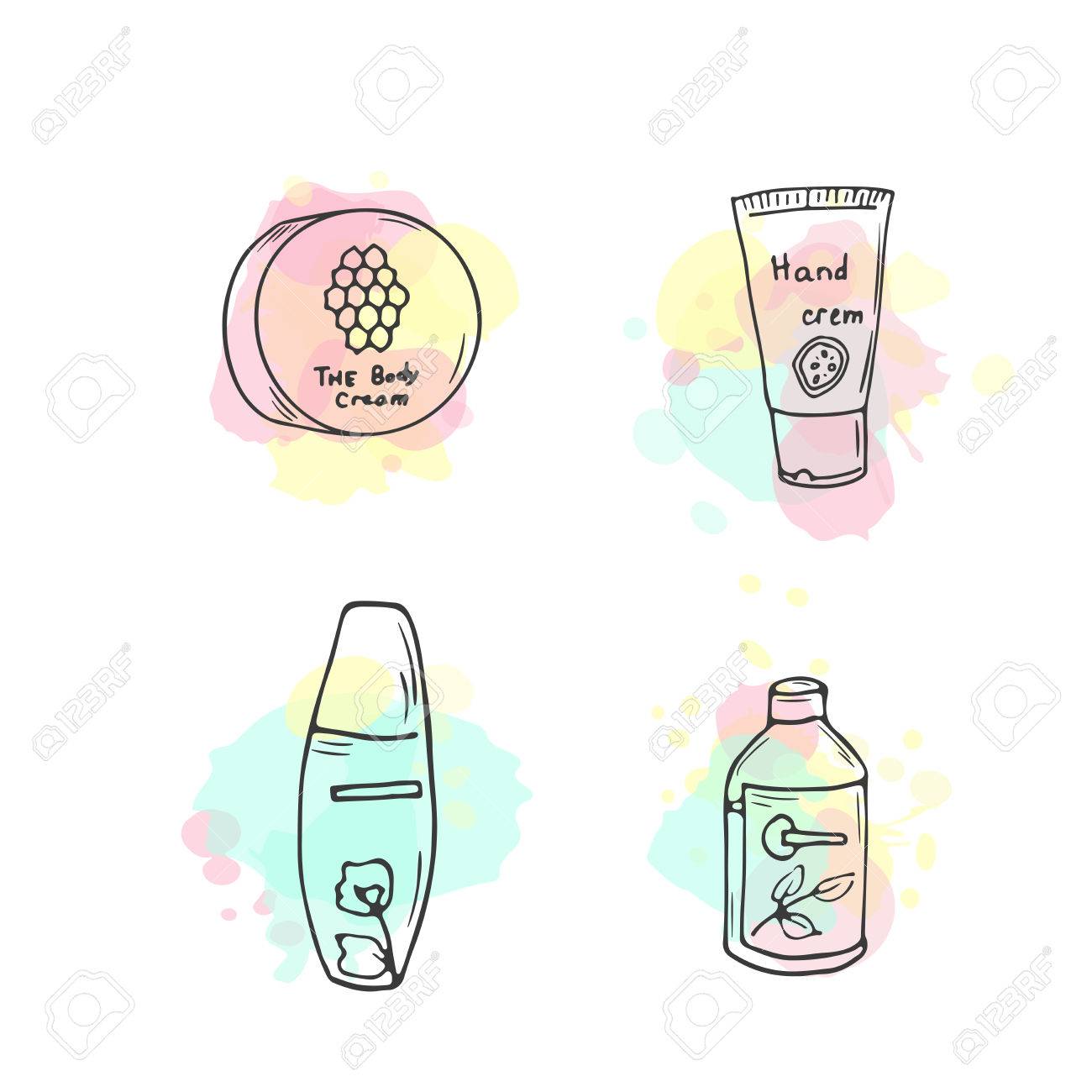 オーガニック化粧品のイラストです ベクトル化粧品ボトル 落書きのスキンケア アイテム 手描きのセット ハーブ ローション バイオ クリーム 女性は アイコンを確認します のイラスト素材 ベクタ Image