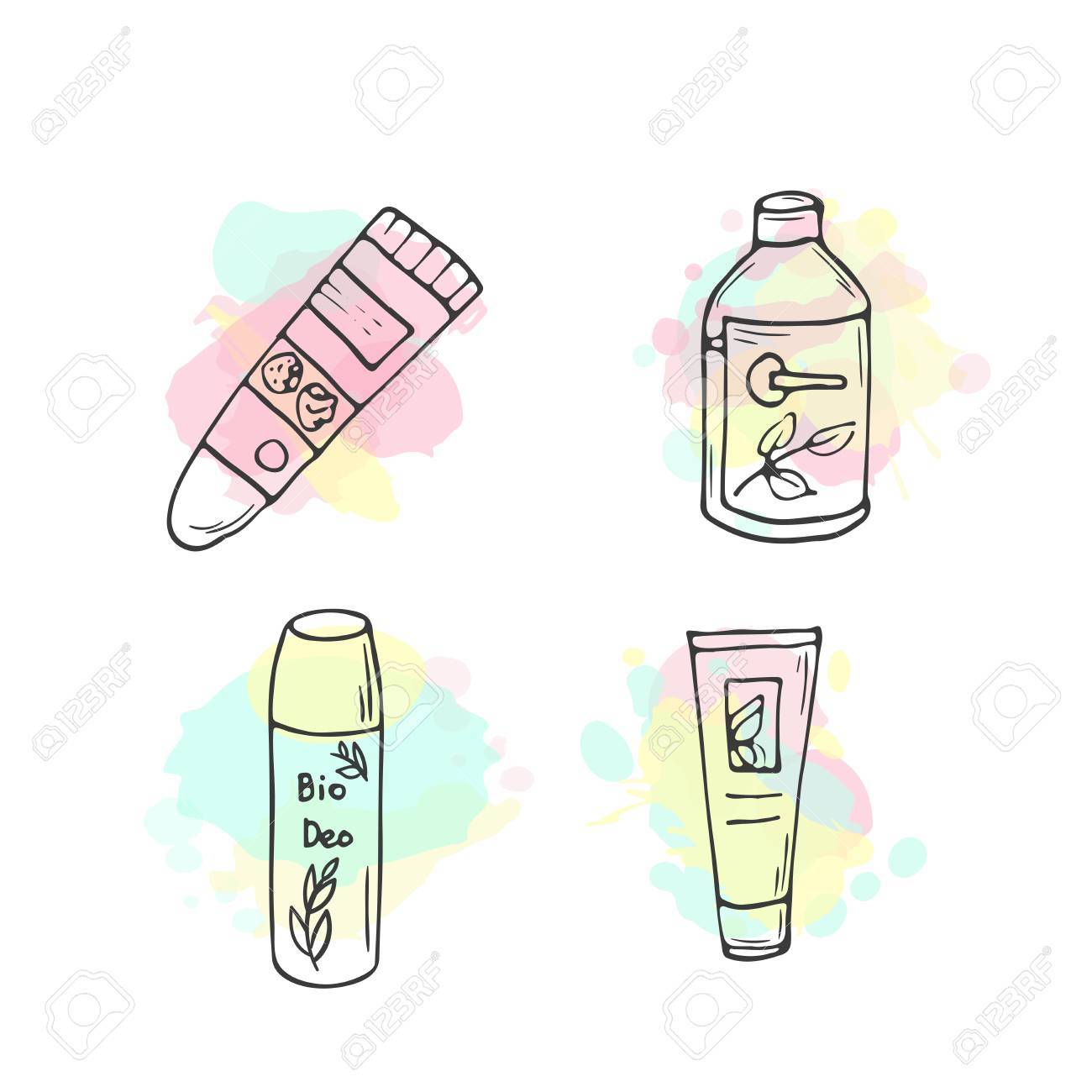 オーガニック化粧品のイラストです ベクトル化粧品ボトル 落書きのスキンケア アイテム 手描きのセット ハーブ ローション バイオ クリーム 女性は アイコンを確認します のイラスト素材 ベクタ Image