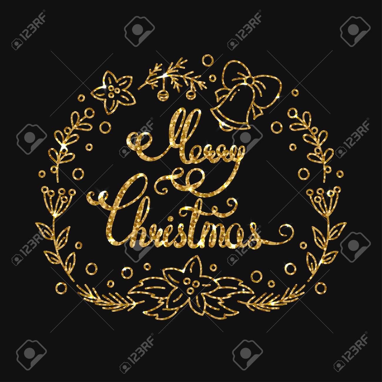 メリー クリスマス ゴールデンはレタリング デザイン クリスマスのご挨拶とタイポグラフィの背景 ライン アート スタイルのベクトル イラスト 光沢のあるゴールドの輝きは 新築祝い項目の引用して印刷します のイラスト素材 ベクタ Image