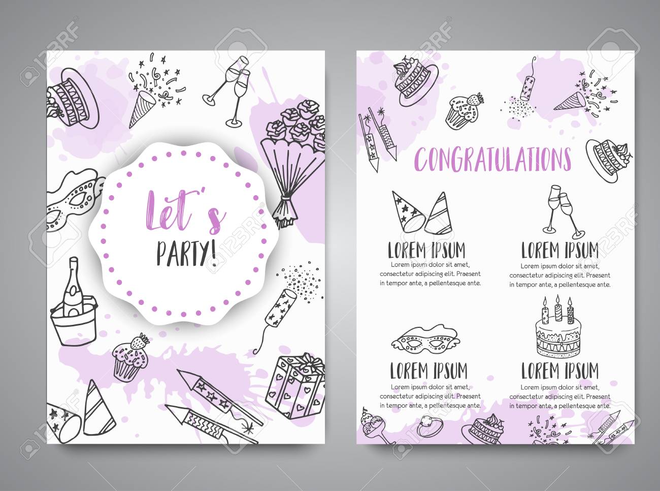 birthday party doodle posters vector template banners for cards