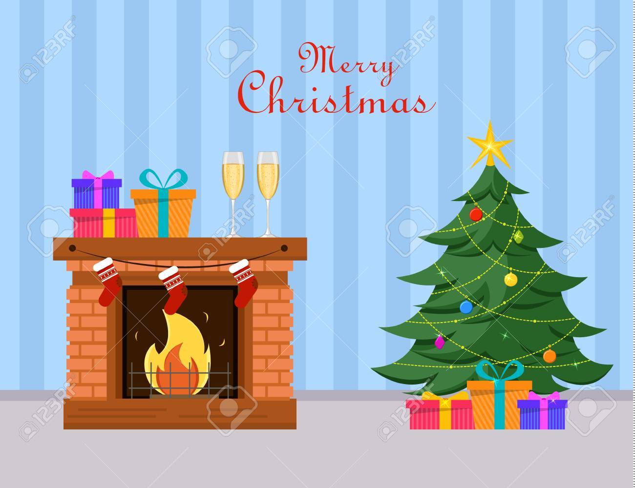 Miniature Christmas Tree And Gifts Under It Stands Near Fireplace Two Champagne Glasses Gift