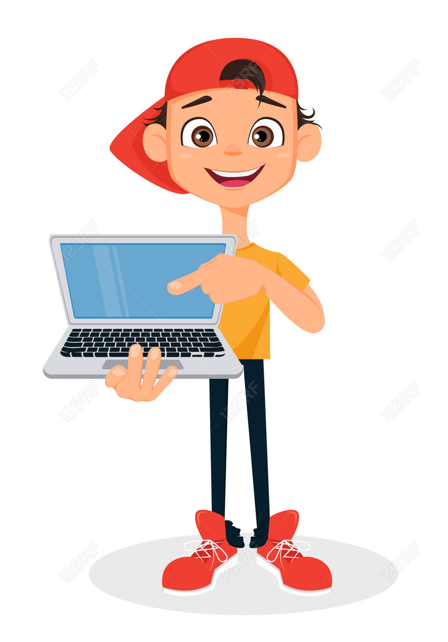 cool boy in cap holding laptop cute cartoon character vector