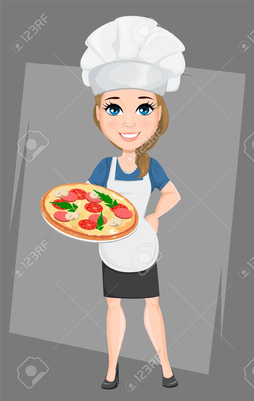 Chef Woman Holding Tasty Italian Pizza. Cute Cartoon Character Cook. Vector  Illustration. EPS10 Royalty Free SVG, Cliparts, Vectors, and Stock  Illustration. Image 81005126., image size:824x1300