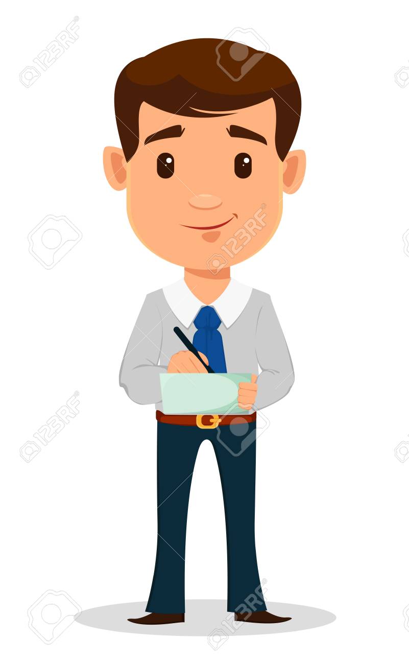 Dessin Personnage De Dessin Animé Personnage De Dessin Animé Homme Affaires Dans Les Vêtements Intelligents, Style De Bureau. Jeune Bel Homme D'affaires Whiting Quelque Chose À Son Bloc-notes. Illustration Vectorielle Clip Art Libres De Droits, Svg, Vecteurs