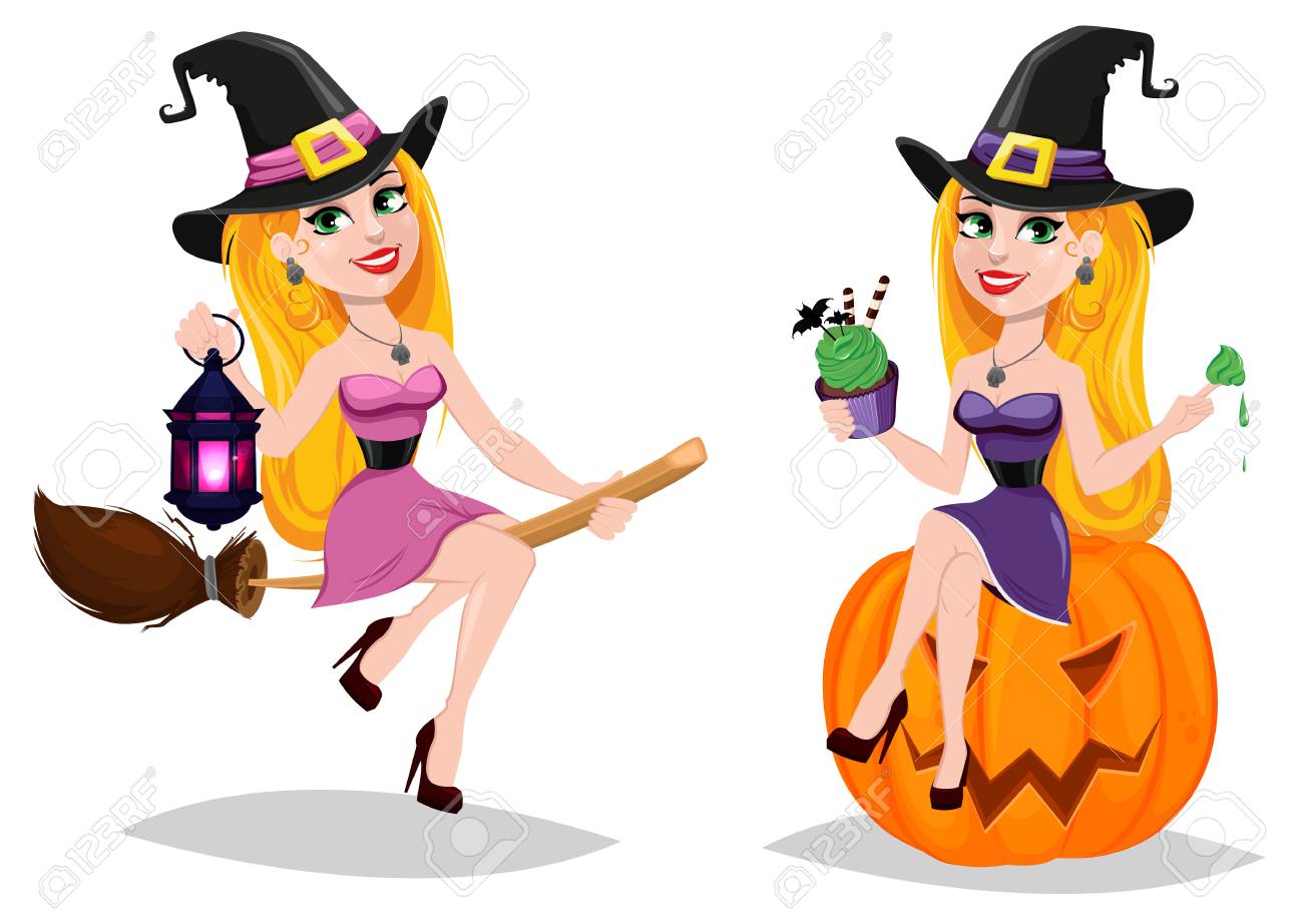 ハロウィン 休日のためのかわいい漫画のキャラクター 美女魔女ほうきと魔女がカボチャの上に座っての飛行を設定します 株式ベクトル イラスト のイラスト素材 ベクタ Image