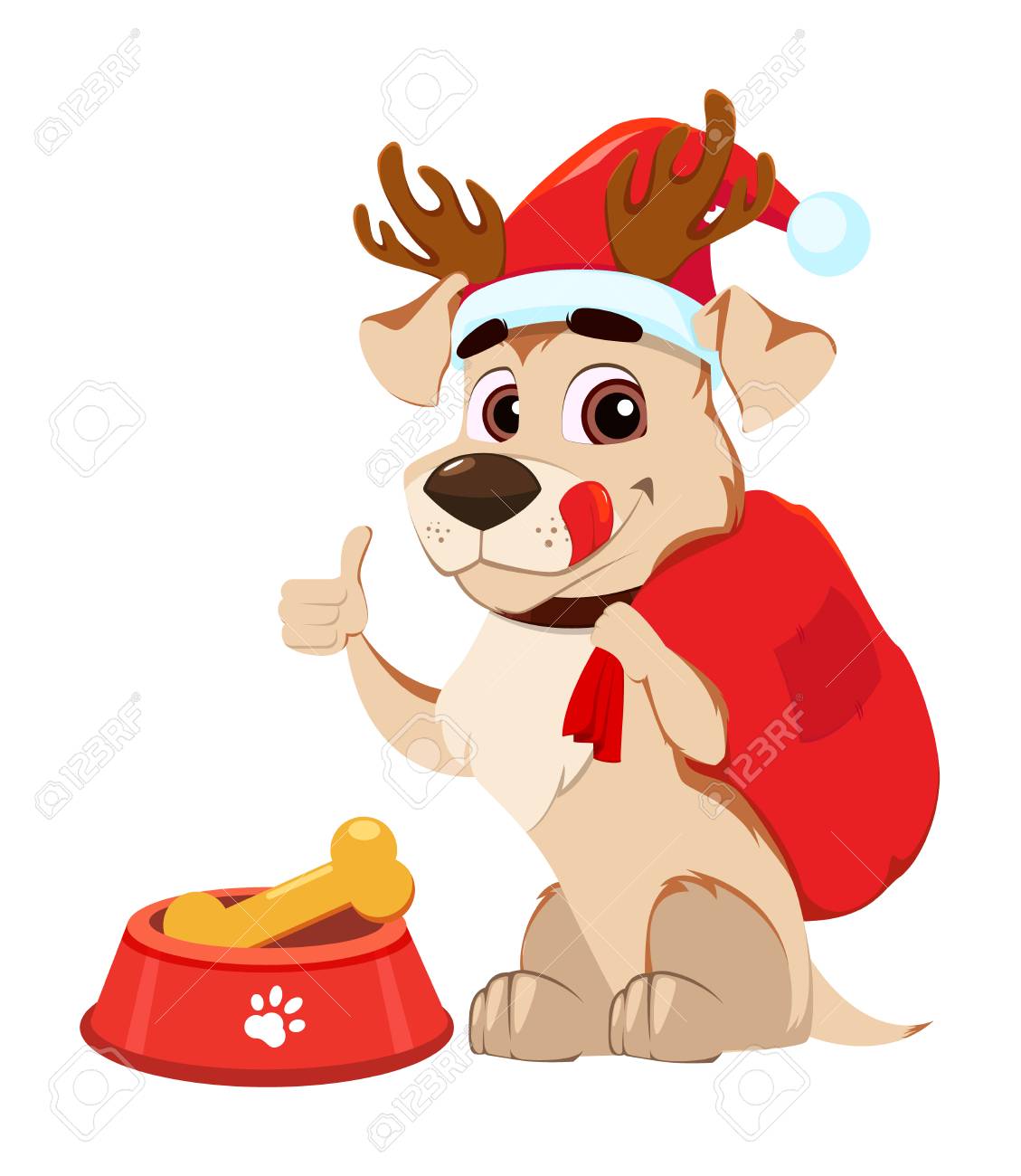 Carte De Voeux Joyeux Noel Chien Drole Portant Chapeau De Pere Noel Et Bois De Cerf Assis Pres Du Bol Avec De La Nourriture Et Montrant Le Signe Du Pouce Vers Le Carte De Voeux Joyeux Noel Chien Drole Portant Chapeau De Pere Noel Et Bois De Cerf Assis Pres Du Bol Avec De La Nourriture Et Montrant Le Signe Du Pouce Vers Le