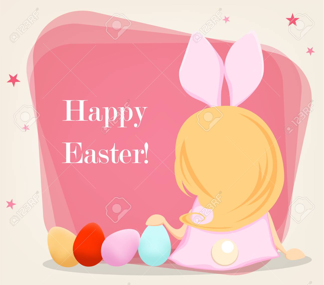 ハッピーイースター 卵の近くに座っているウサギの衣装を着たかわいい女の子 バックビュー 休日や手作りのレタリングのための面白い漫画のキャラクター 明るい背景にベクトルイラストのイラスト素材 ベクタ Image