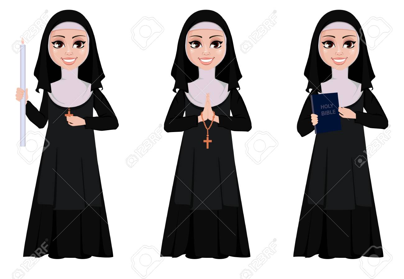 修道女漫画のキャラクターセット 微笑むカトリックの姉妹は 燃えるろうそくを保持し 聖書を保持し 祈る手で立っています 白い背景にベクトルのイラスト の イラスト素材 ベクタ Image