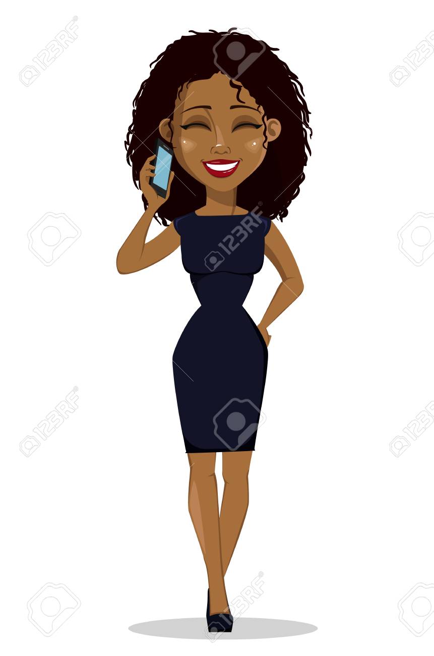 アフリカ系アメリカ人のビジネスウーマン漫画キャラクター スマートなカジュアルな服を着た若い美しいビジネスウーマンが電話で話す ベクトル図のイラスト素材 ベクタ Image