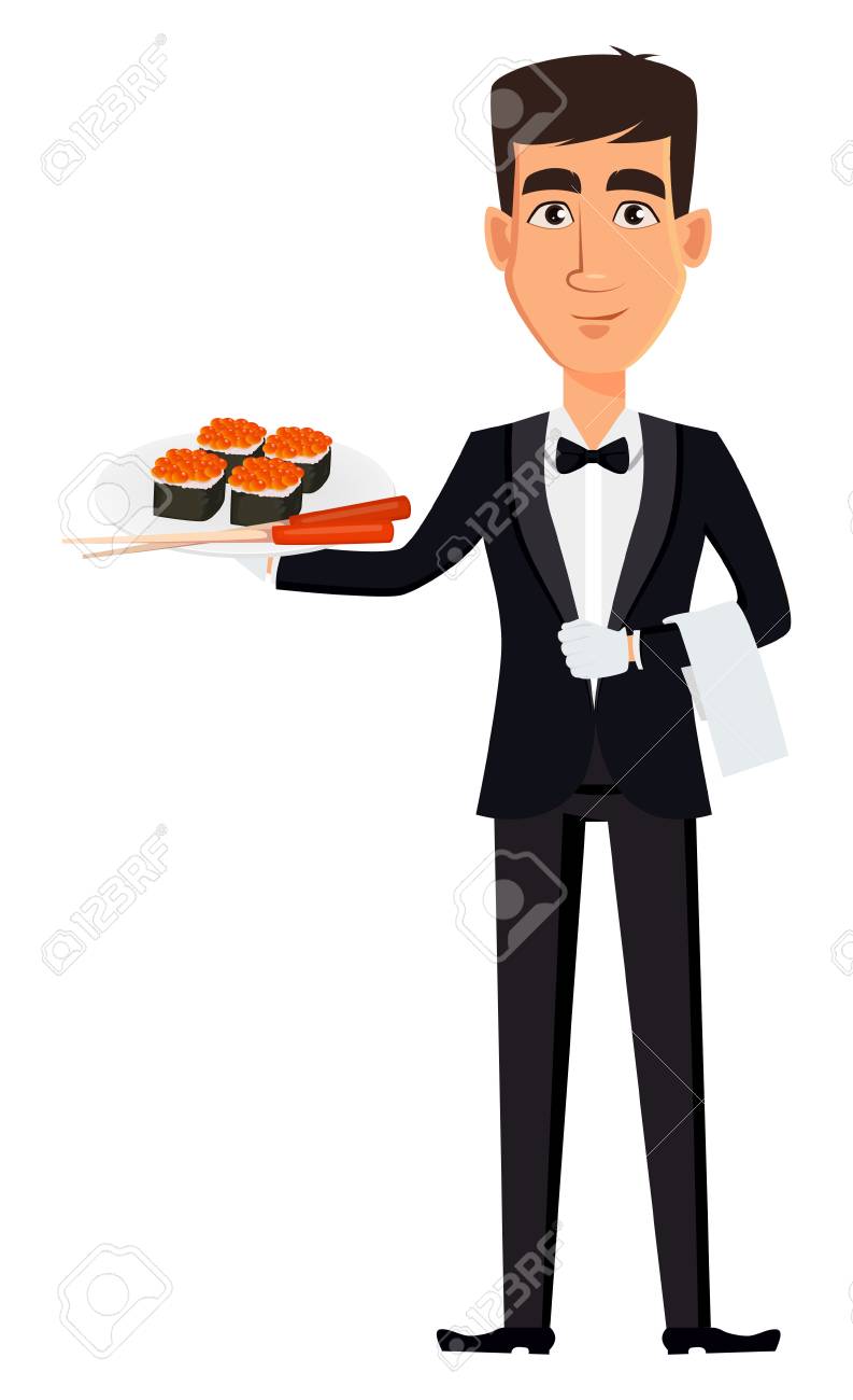 Handsome Waiter Wearing A Professional Uniform. Cheerful Cartoon Character  Holding Rolls On A Plate. Restaurant Staff. Royalty Free SVG, Cliparts,  Vectors, and Stock Illustration. Image 100975820., image size:793x1300