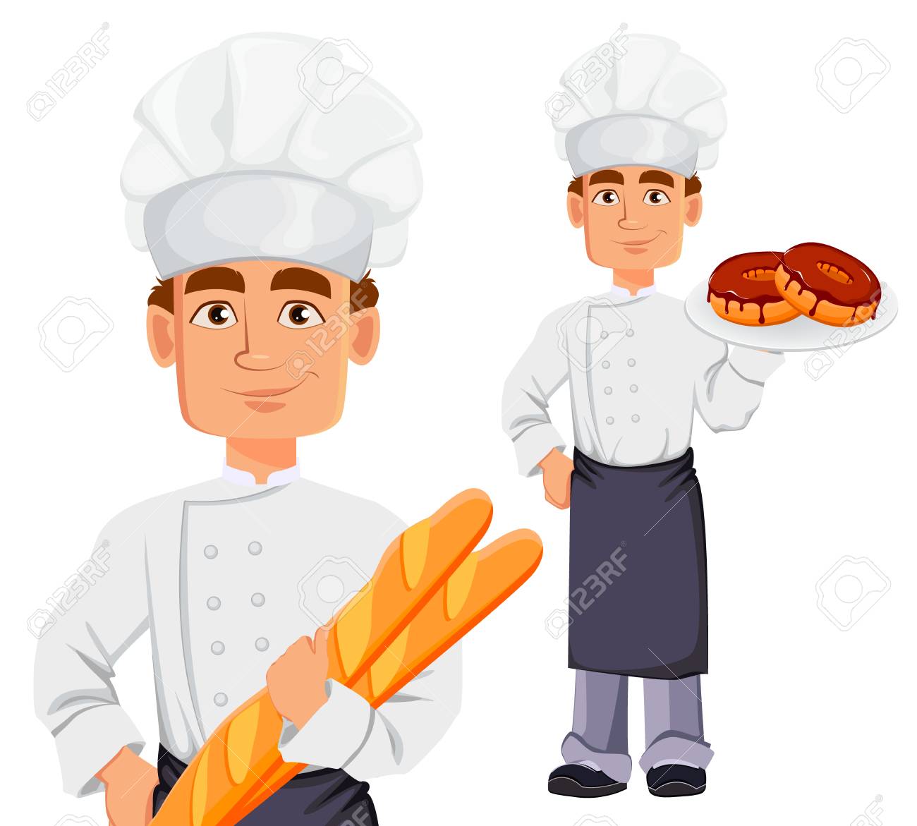 Handsome baker in professional uniform and chef hat, set. Cheerful cartoon character holding baguette and holding donuts. Vector illustration on white background. - 102420118 Handsome baker in professional uniform and chef hat, set. Cheerful cartoon character holding baguette and holding donuts. Vector illustration on white background. - 102420118