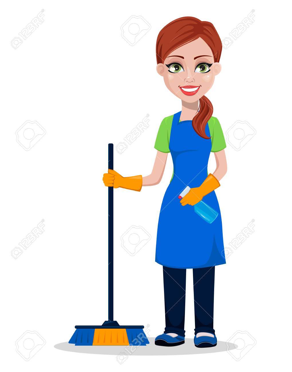 Cleaning company staff in uniform. Woman cartoon character cleaner holding brush and sprayer. Vector illustration. - 103283156 Cleaning company staff in uniform. Woman cartoon character cleaner holding brush and sprayer. Vector illustration. - 103283156