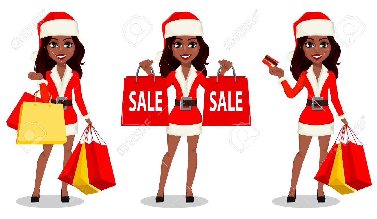 Commercial 2022 Christmas Black Woman Merry Christmas And Happy New Year. African-American Woman In Santa Claus  Costume, Set Of Three Poses. Cartoon Character Holds Shopping Bags And  Holds Credit Card. Vector Illustration Royalty Free Svg, Cliparts, Vectors,