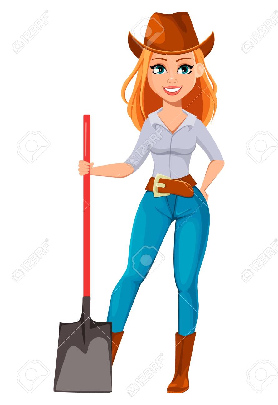 Young Pretty Farmer Woman In Cowboy Hat. Cheerful Gardener Woman Cartoon  Character Holding Shovel. Vector Illustration Isolated On White Background  Royalty Free SVG, Cliparts, Vectors, and Stock Illustration. Image  123864393., image size:891x1300