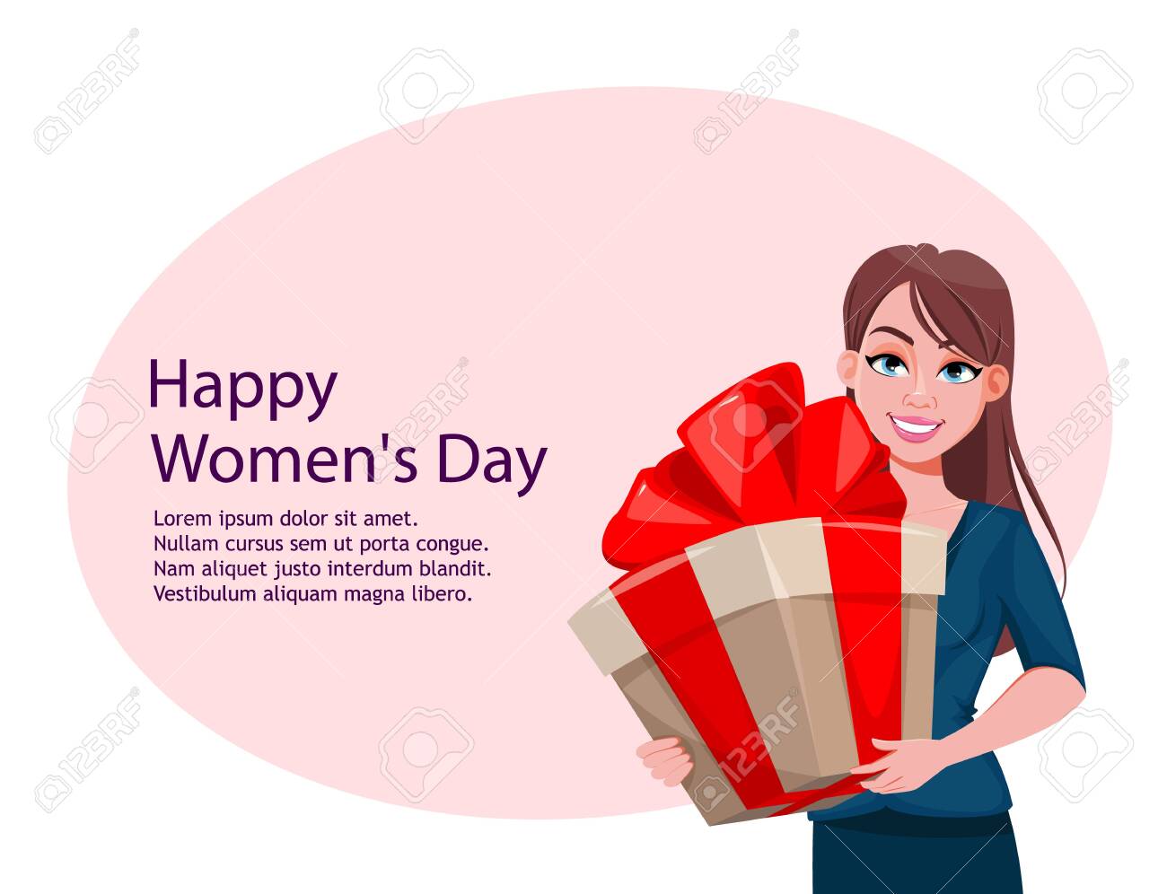 Cute Happy Women S Day Happy Women's Day Greeting Card. Beautiful Lady With A Big Gift Box. Cute  Female Cartoon Character. Stock Vector Illustration Royalty Free Svg,  Cliparts, Vectors, And Stock Illustration. Image 140722142.