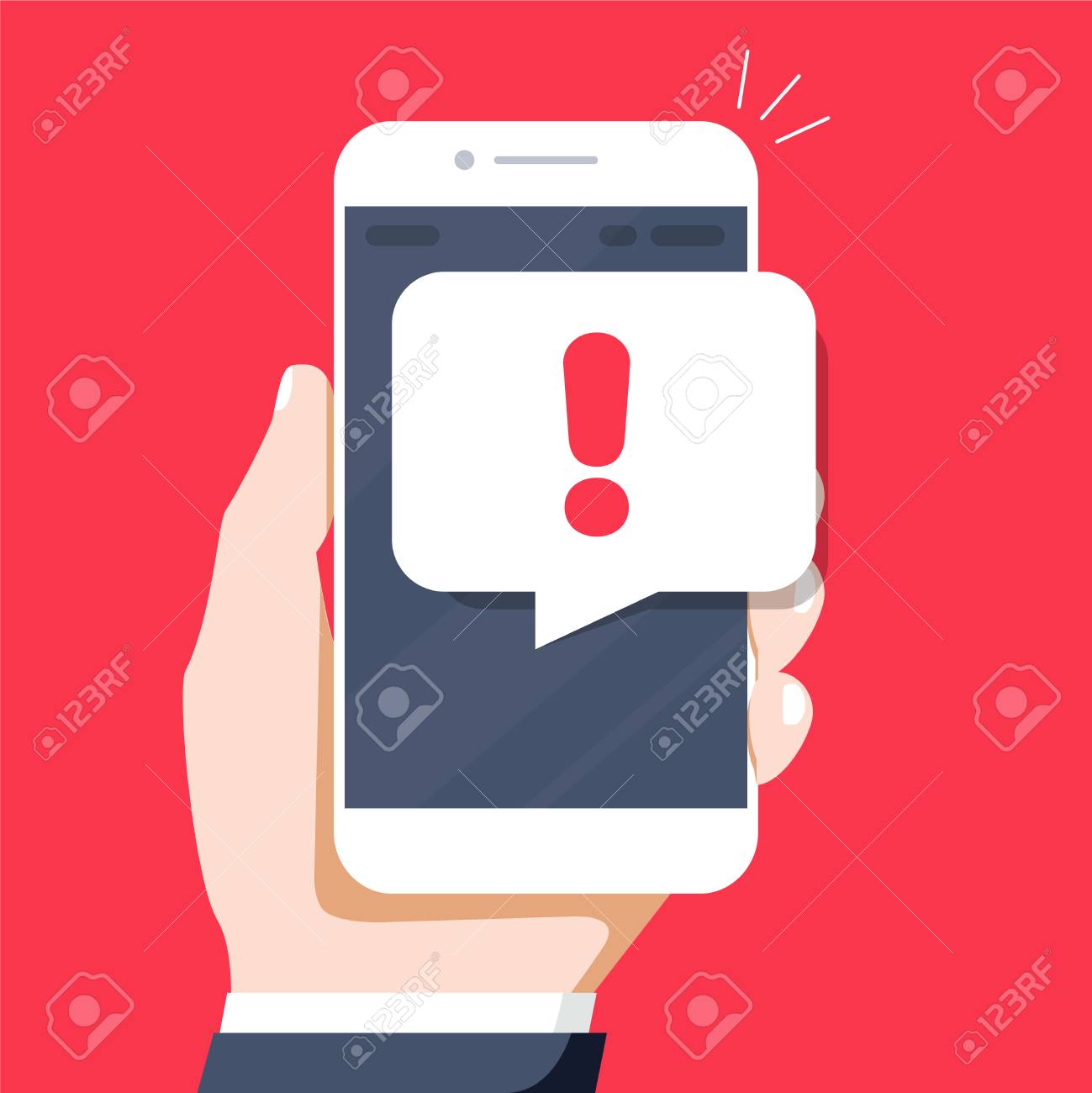 Уведомления По Телефону, Новое Сообщение, Полученные Концепции. Рука  Смартфон С Речи Пузырь И Значок Восклицательного Знака. Современные Плоские  Графические Элементы Дизайна. Длинный Теневой Дизайн. Векторная Иллюстрация  Клипарты, SVG, векторы, и Набор ...