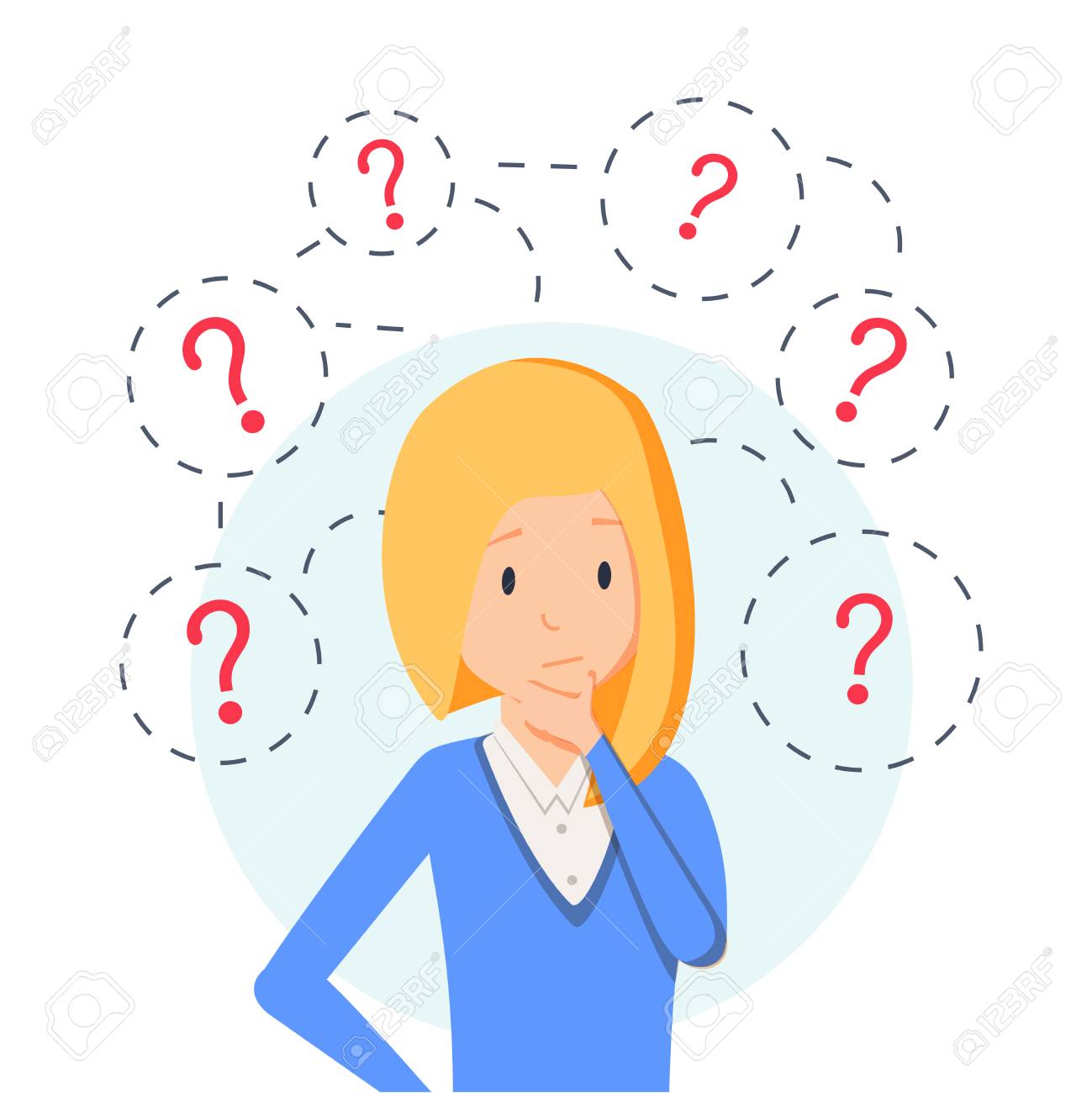 Denkende Geschaftsfrau Die Unter Fragezeichen Steht Junge Kaukasische Geschaftsfrau Denken Sie Die Geschaftsfrau Die Von Fragezeichen Umgeben Vektor Cartoon Illustration Quadratisches Layout Lizenzfrei Nutzbare Vektorgrafiken Clip Arts