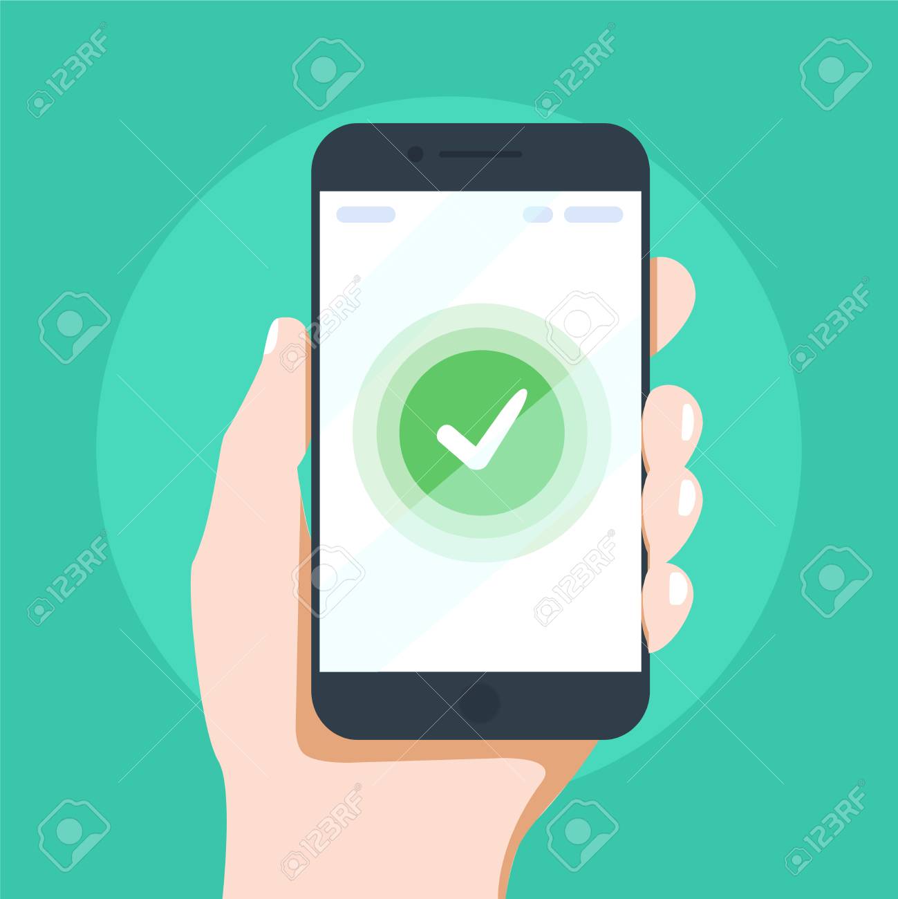スマートフォンの画面でマークを確認します 手持ち電話 モバイルデバイス画面上の指 承認 完了 または成功 のイラスト素材 ベクタ Image