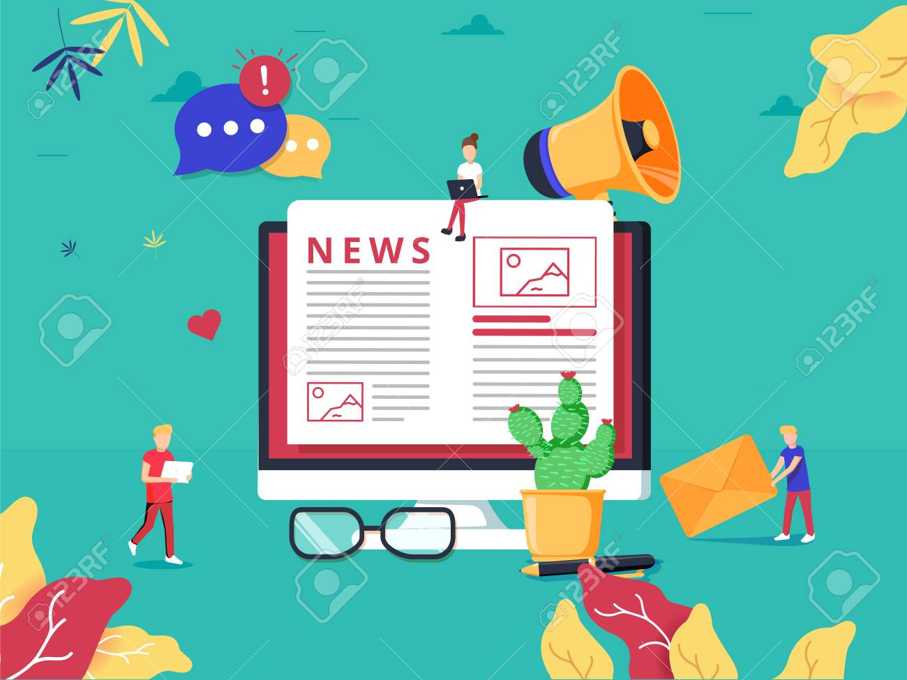 インターネット新聞のオンラインニュース更新 情報ウェブサイトフラットベクターイラスト イベント 活動 会社情報 お知らせに関する情報を含む個人ブログの Web ページ のイラスト素材 ベクタ Image