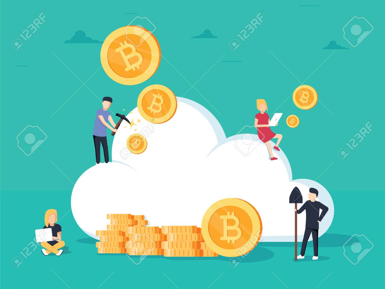 Minería En La Nube De Criptomonedas. Banner De Web De Estilo De Diseño  Plano De Tecnología De Cadena De Bloques, Minería De Criptomonedas Bitcoin  Y Altcoins, Mercado De Dinero Digital Financiero O