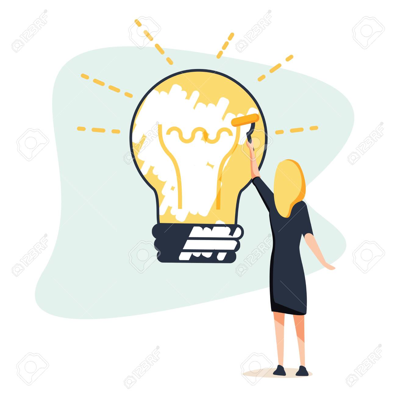 Big idea concept. Business woman draws large light bulb on wall. Symbol of new discoveries and startap. Web template. - 132302553 Big idea concept. Business woman draws large light bulb on wall. Symbol of new discoveries and startap. Web template. - 132302553