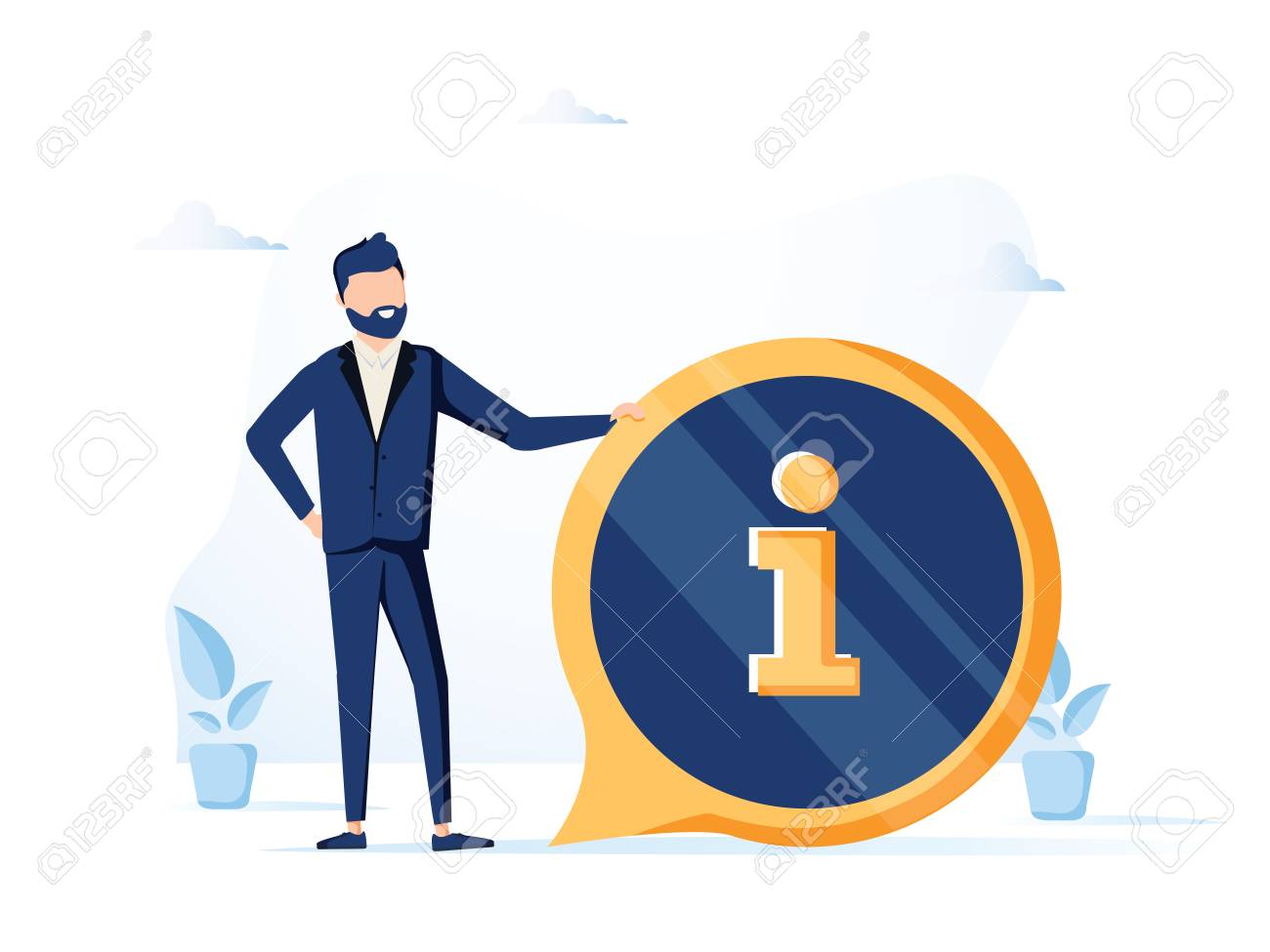Handsome businessman and info sign. Information, FAQ, notice and advertisement concept. Banner for web page. Modern vector illustration. Assistant with info icon. About Business Notifications vector - 127716643 Handsome businessman and info sign. Information, FAQ, notice and advertisement concept. Banner for web page. Modern vector illustration. Assistant with info icon. About Business Notifications vector - 127716643