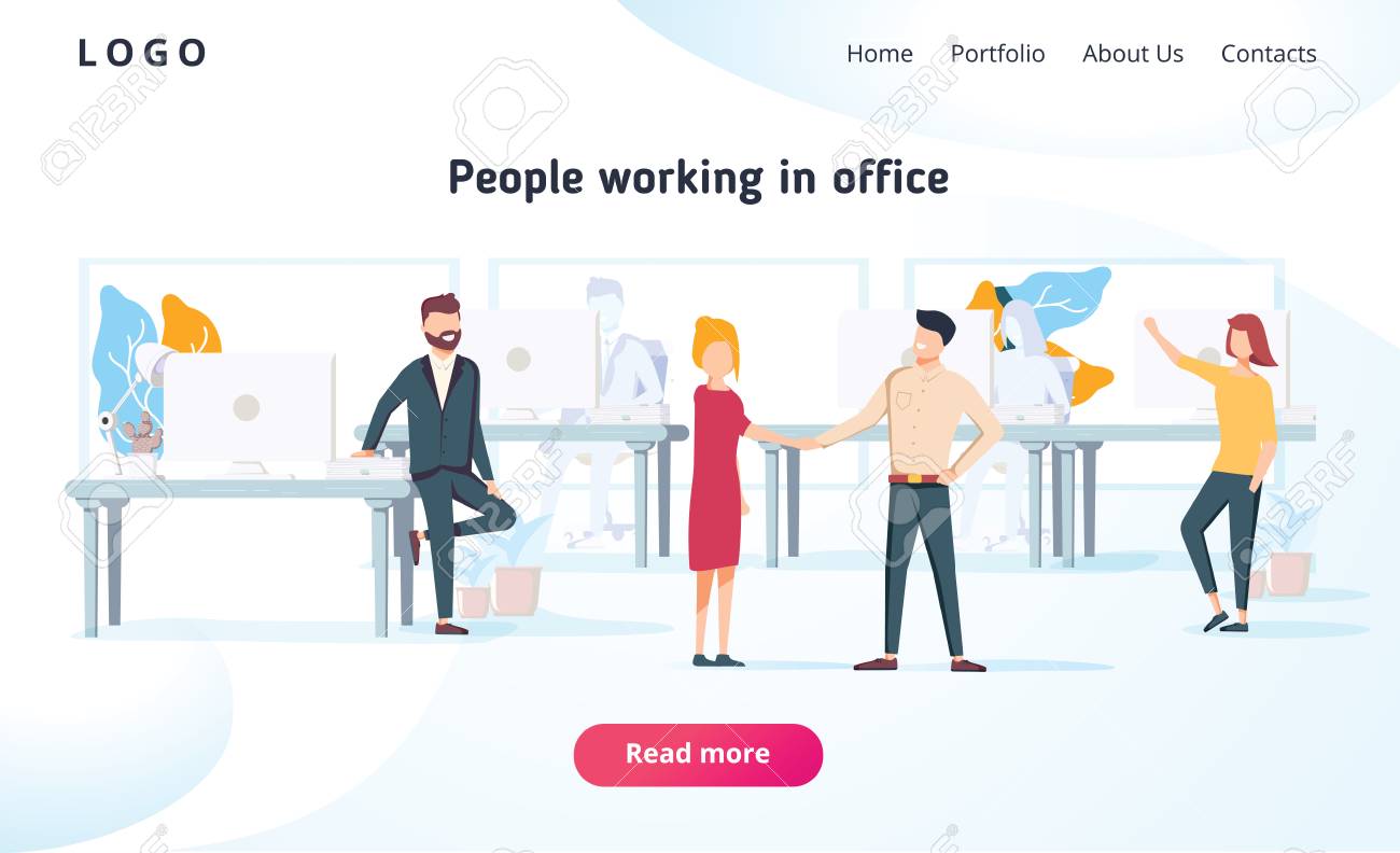 People work in a office and interact with devices. Business, workflow management and office situations. Landing page template. Flat vector illustration. Business brainstorming corporate teamwork. - 127213206 People work in a office and interact with devices. Business, workflow management and office situations. Landing page template. Flat vector illustration. Business brainstorming corporate teamwork. - 127213206