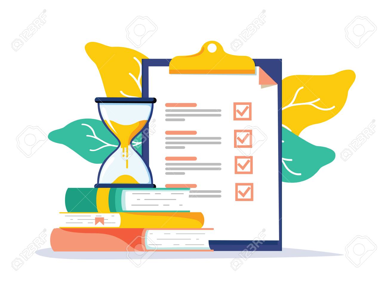 Exam preparation school test. Examination concept checklist and hourglass, choosing answer questionnaire form, education vector flat illustration. Online course learning exam. Fill out form summary - 125498787 Exam preparation school test. Examination concept checklist and hourglass, choosing answer questionnaire form, education vector flat illustration. Online course learning exam. Fill out form summary - 125498787
