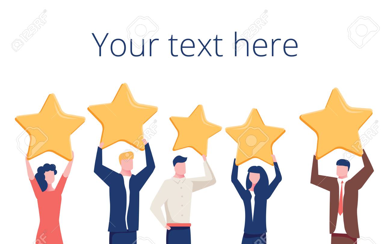 Vector cartoon illustration of Concept of Feedback consumer or customer review evaluation, satisfaction level and critic. Five stars rating style. Human character on dark background. - 125112363 Vector cartoon illustration of Concept of Feedback consumer or customer review evaluation, satisfaction level and critic. Five stars rating style. Human character on dark background. - 125112363