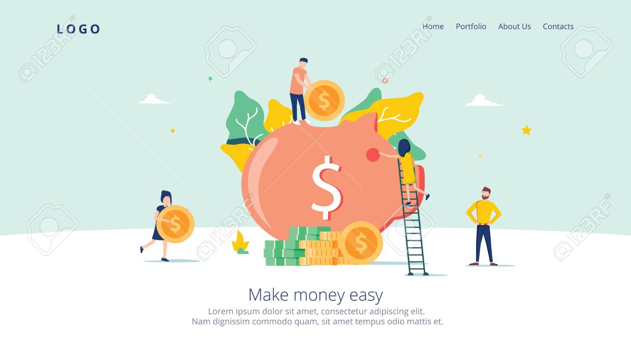 이익 랜딩 페이지를 위해 저축하는 돈 돼지. 코인 아이콘으로 적립되는 금융 예금. 웹 사이트 또는 웹 페이지에 대한 금융 투자의 상징.  플랫 만화 벡터 일러스트 레이 션. 돈을 쉽게 벡터 아트를 적립