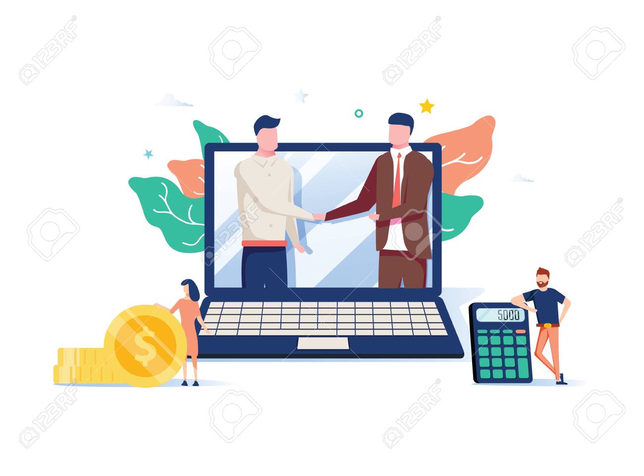 Two business partners shaking hands in big laptop. Online business, Partnership and agreement, with small employ around - 132173188 Two business partners shaking hands in big laptop. Online business, Partnership and agreement, with small employ around - 132173188