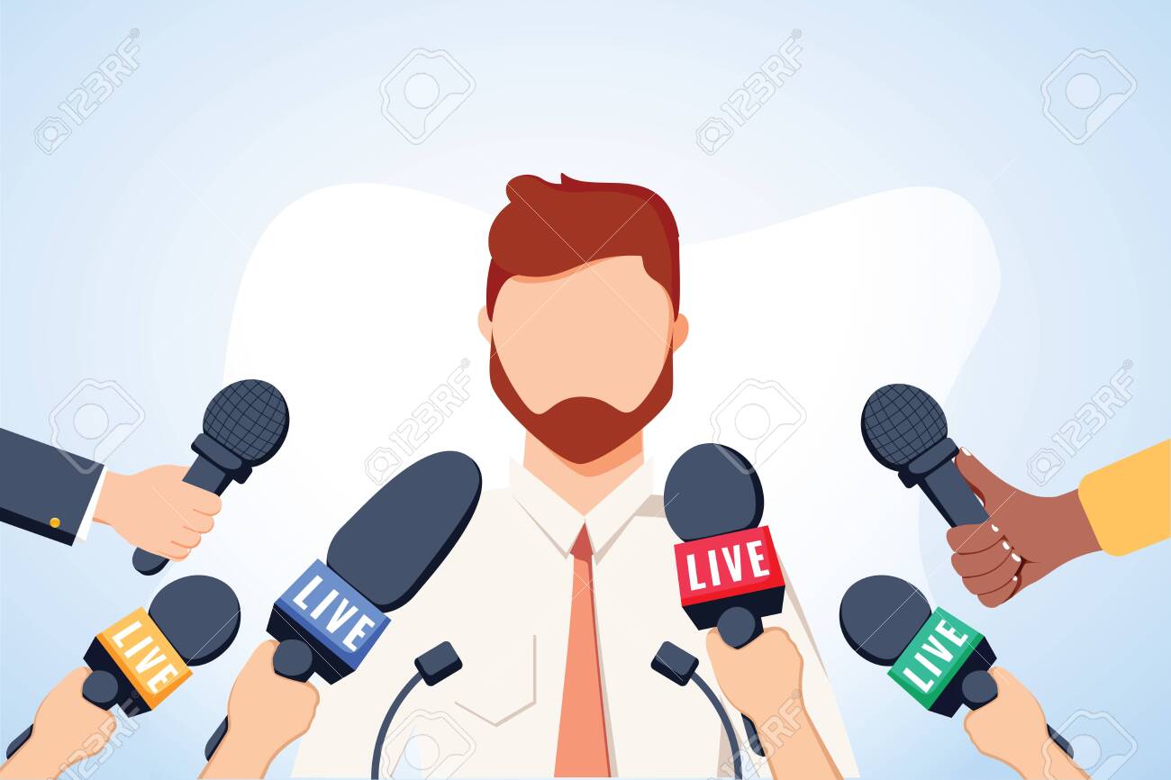 Tv interview microphones, broadcasting male speech. Happy popular young man recording opinion, business, political celebrity giving comments for news, reportage. Vector flat style cartoon illustration - 132172870 Tv interview microphones, broadcasting male speech. Happy popular young man recording opinion, business, political celebrity giving comments for news, reportage. Vector flat style cartoon illustration - 132172870