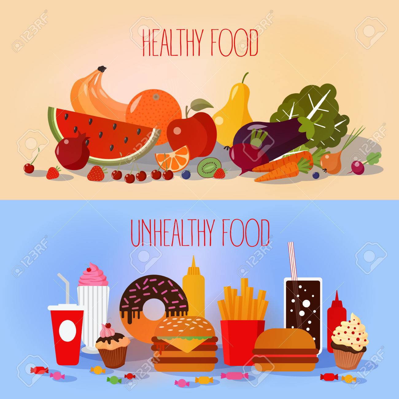 Healthy Food And Unhealthy Fast Food. Fruits And Vegetables Or Fast Food  And Sweets? Vector Illustration In Flat Style Royalty Free SVG, Cliparts,  Vectors, and Stock Illustration. Image 50753954., image size:1300x1300