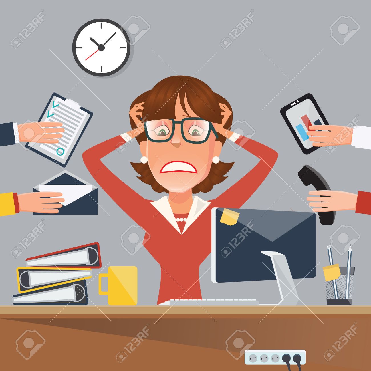 Multitasking Stressed Business Woman in Office Work Place. Vector illustration - 58727016 Multitasking Stressed Business Woman in Office Work Place. Vector illustration - 58727016