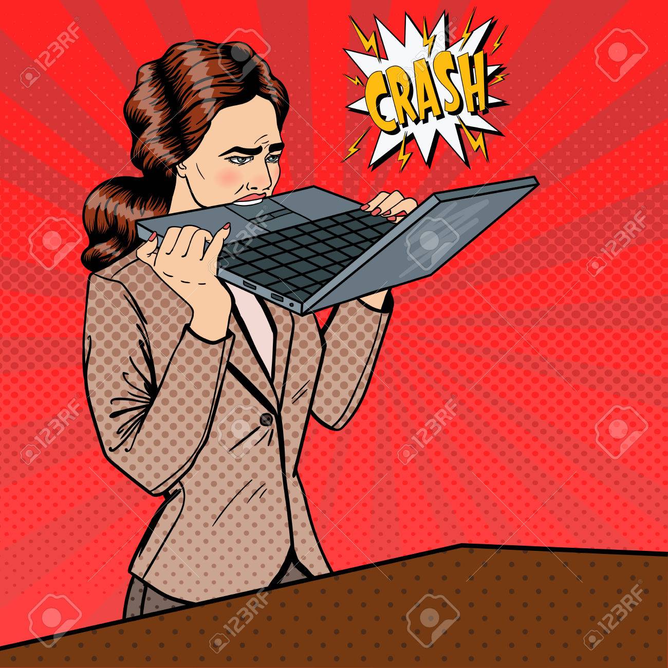 Frustrated Stressed Business Woman Biting Laptop in Office. Pop Art. Vector illustration - 59661789 Frustrated Stressed Business Woman Biting Laptop in Office. Pop Art. Vector illustration - 59661789