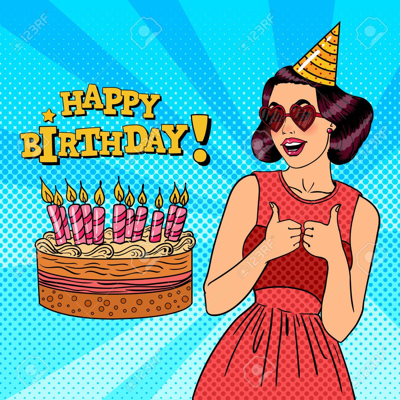 Smiling Woman Having A Birthday Party With Birthday Cake Pop Art Vector Illustration Royalty Free Cliparts Vectors And Stock Illustration Image