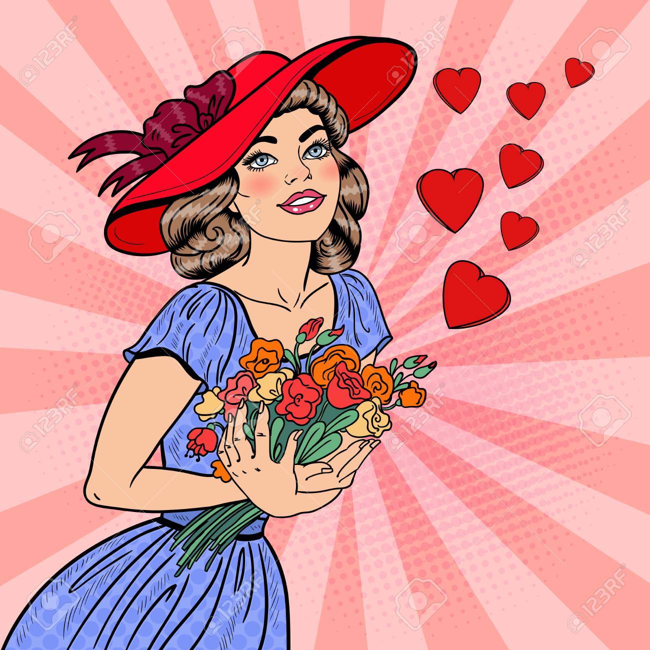 花束の花恋芸術若い女性をポップします ベクトル図のイラスト素材 ベクタ Image