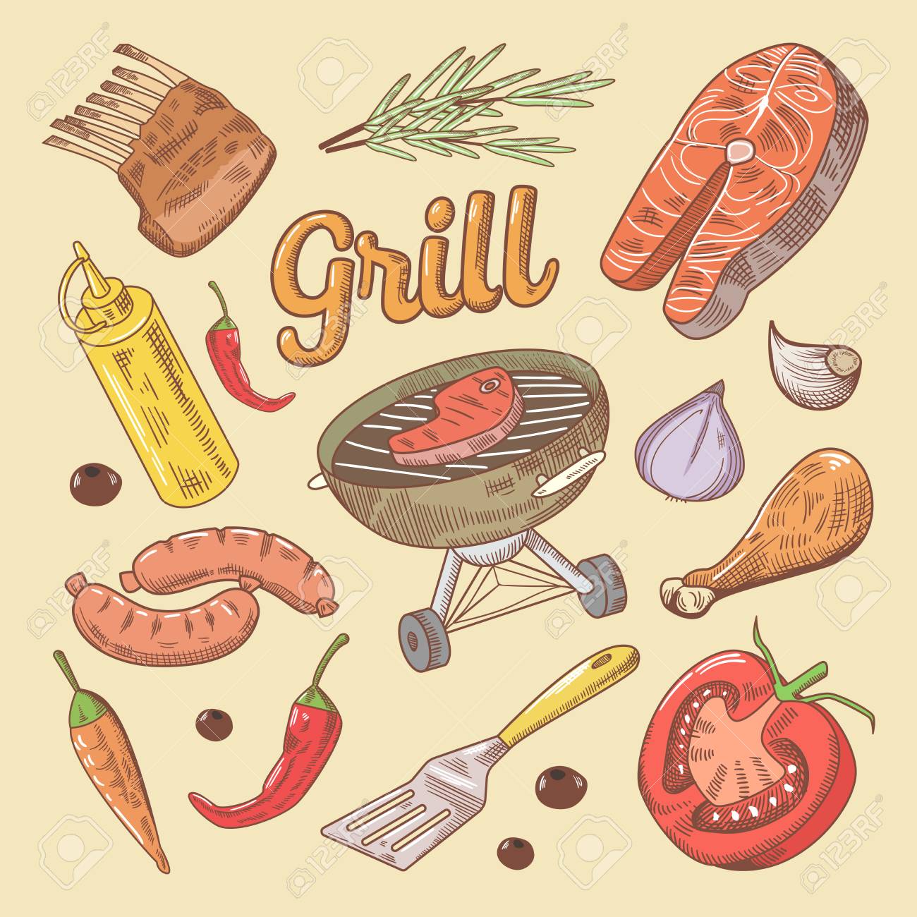 Grill Barbecue Doodle With Steak And Sausage Hand Drawn Vector Royalty Free Cliparts Vectors And Stock Illustration Image