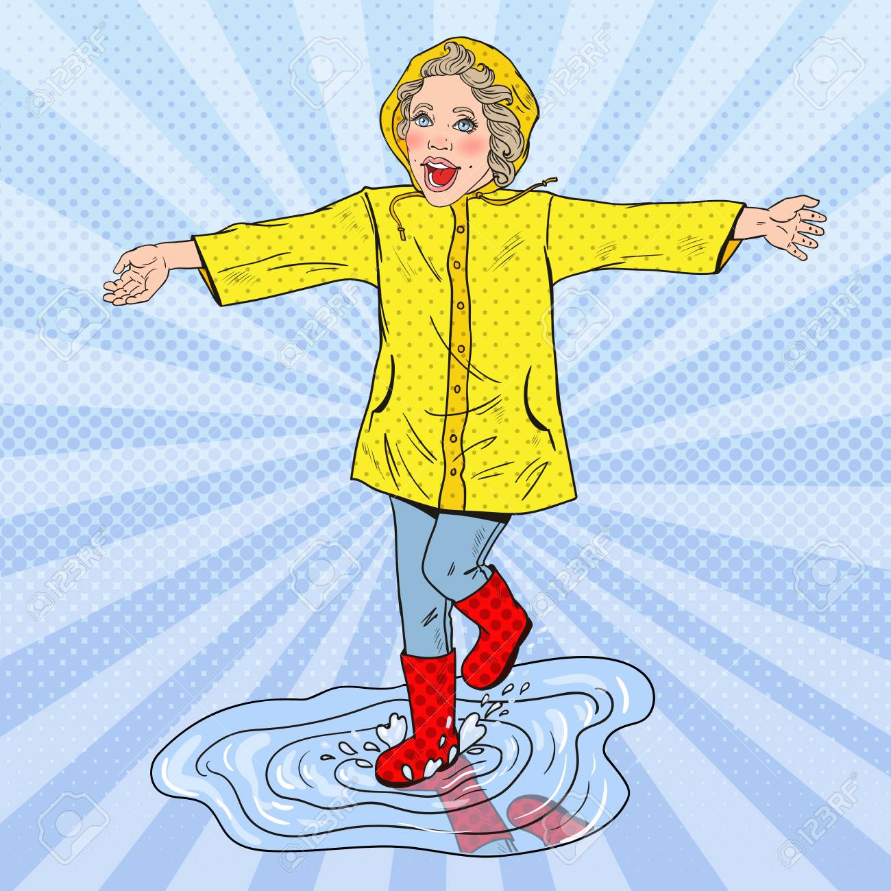 雨の後水たまりで実行されている幸せな女の子 ベクトルのレトロなイラストのイラスト素材 ベクタ Image 雨の後水たまりで実行されている幸せな女の子 ベクトルのレトロなイラストのイラスト素材 ベクタ Image