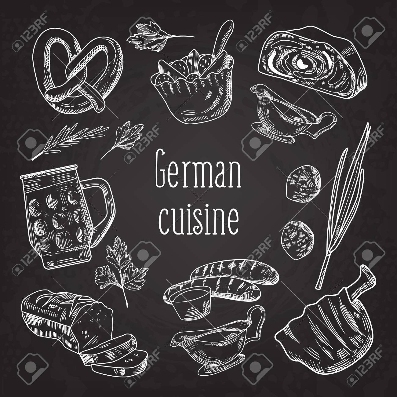 ドイツの伝統的な料理手描きの黒板の落書き ドイツ料理メニュー テンプレートです 食べ物や飲み物 ベクトル図 のイラスト素材 ベクタ Image