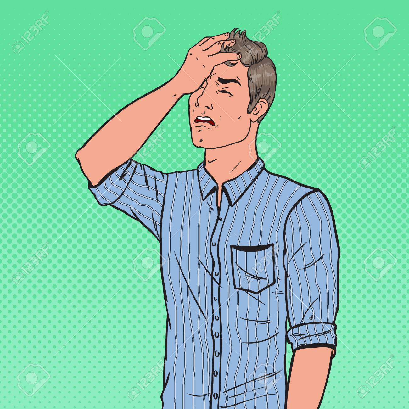 手で顔を覆うポップアート不幸な男 ネガティブな感情の表情 ベクトルイラスト のイラスト素材 ベクタ Image