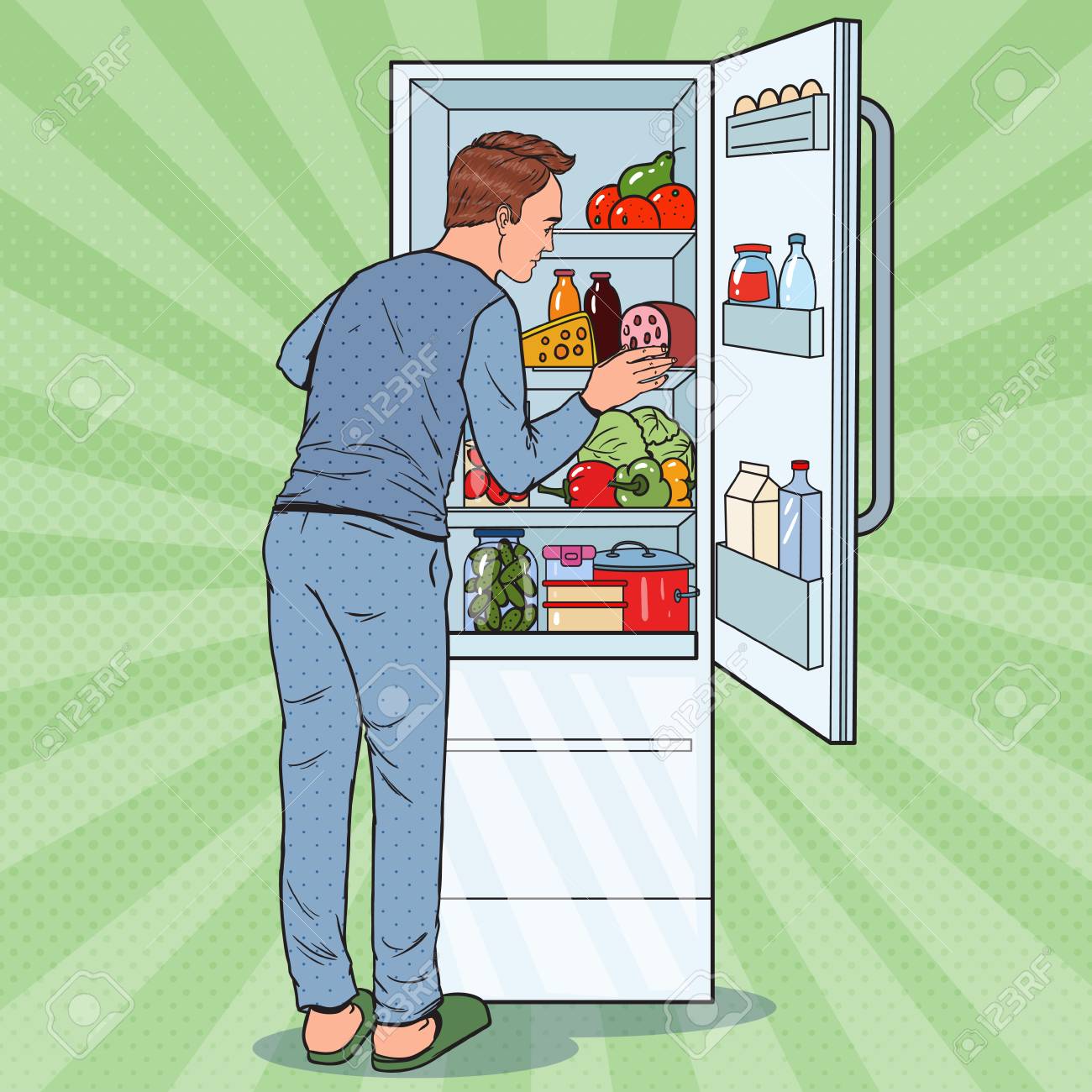 食べ物でいっぱいの冷蔵庫の中を見てポップアートハッピーマン 乳製品と冷蔵庫 ベクトル図 のイラスト素材 ベクタ Image