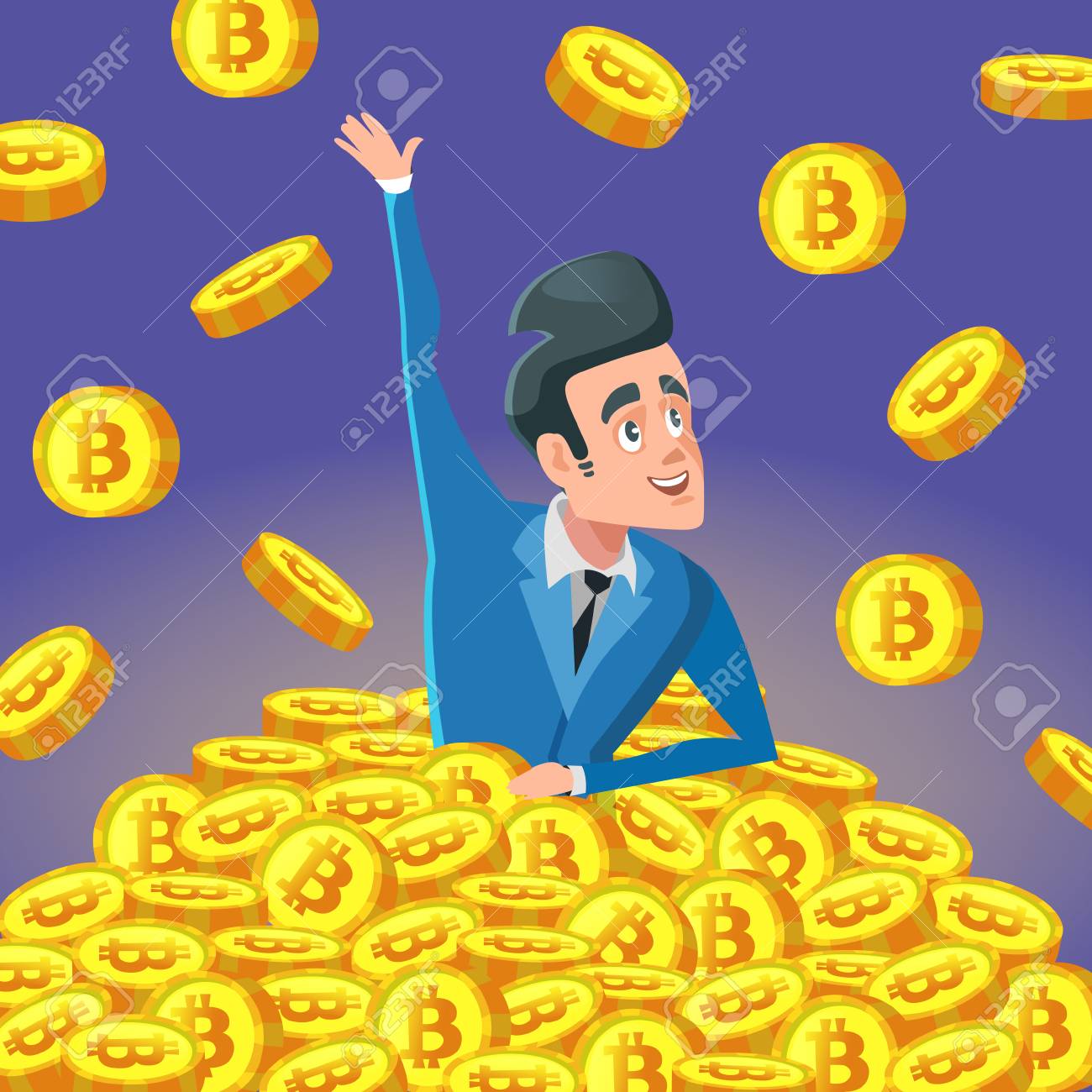 ビットコインコインの山で成功した金持ちのビジネスマン。暗号通貨ミリオンエア。ベクトル図のイラスト素材・ベクター Image 96368629