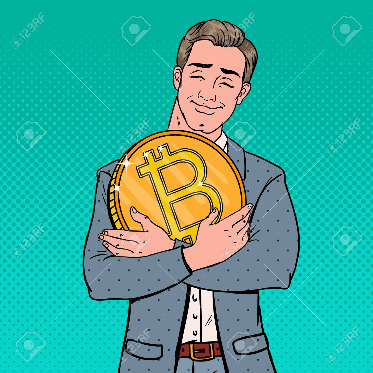 Pop Art Jeune Entrepreneur Détenant Une Grosse Pièce De Bitcoin.  Technologie Décentralisée Crypto-monnaie. Clip Art Libres De Droits, Svg,  Vecteurs Et Illustration. Image 96659411