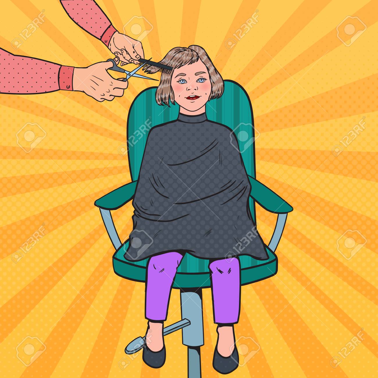 Pop Art Young Girl Getting A Haircut Kid In Barber Shop Hairdresser